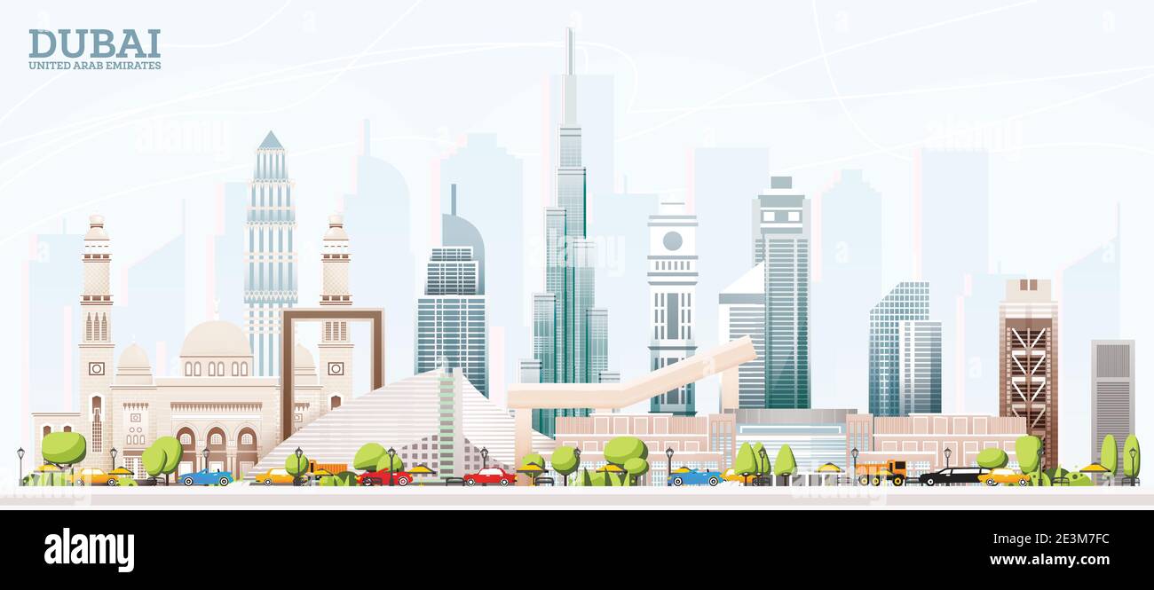 Dubai United Arab Emirates (UAE) City Skyline with Colored Buildings and Blue Sky. Vector Illustration. Business Travel and Tourism Concept Stock Vector