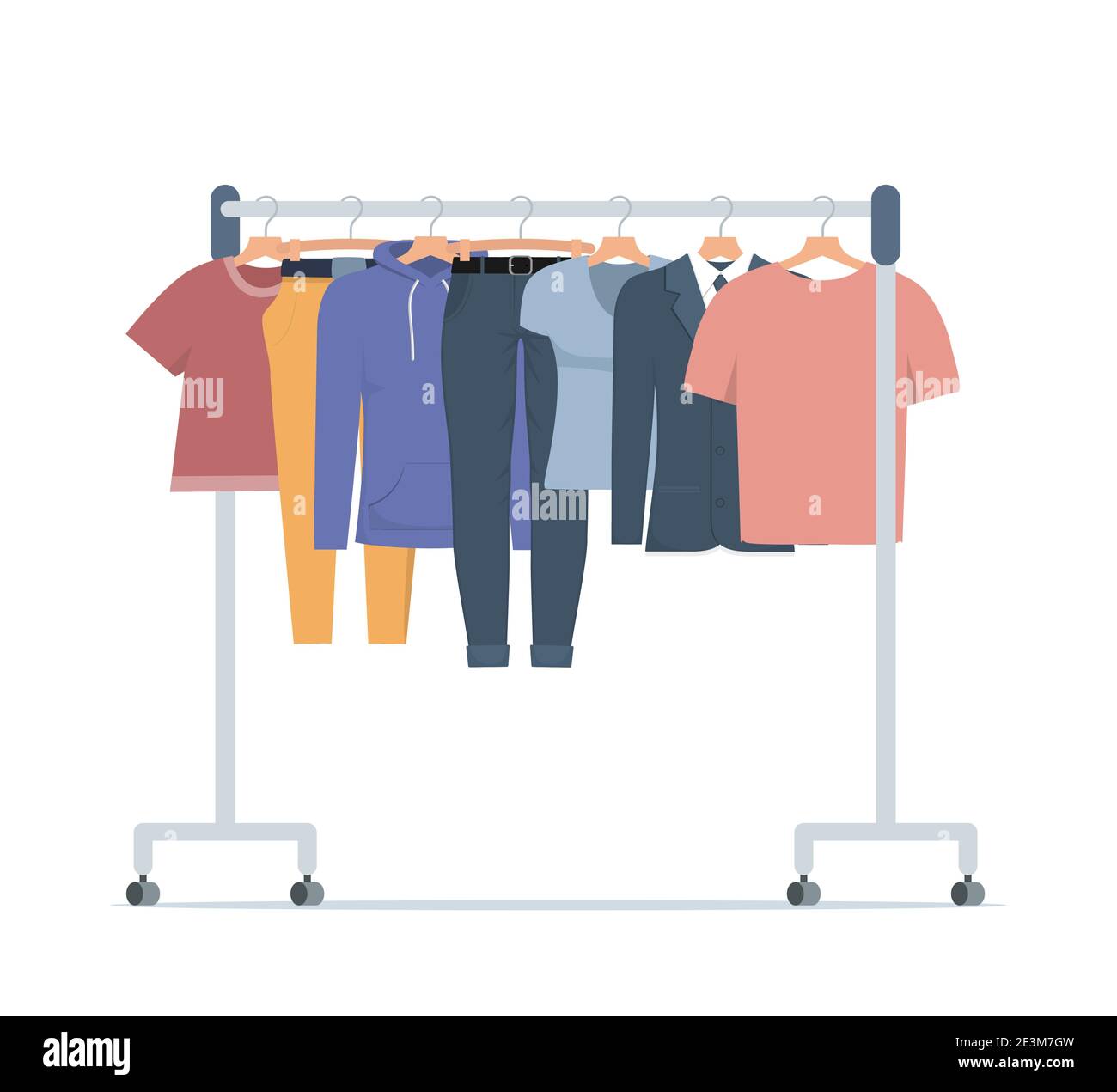 Clothes hanger with different casual man and woman clothes. Casual seasonal clothes. Boutique, assortment showroom, personal wardrobe, dressing room. Stock Vector
