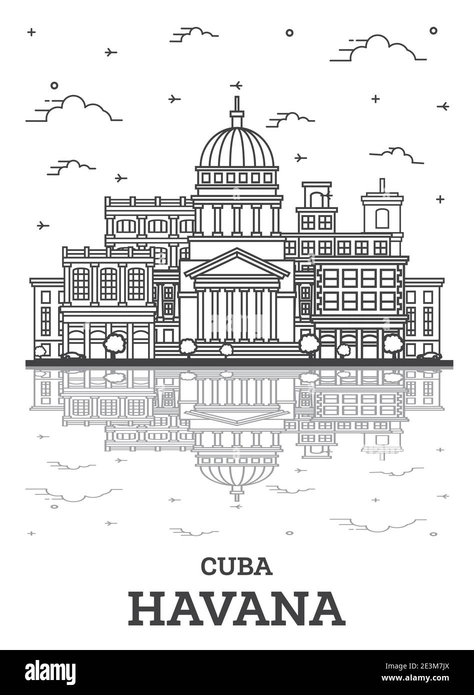 Outline Havana Cuba City Skyline with Historic Buildings and Reflections Isolated on White. Vector Illustration. Havana Cityscape with Landmarks. Stock Vector