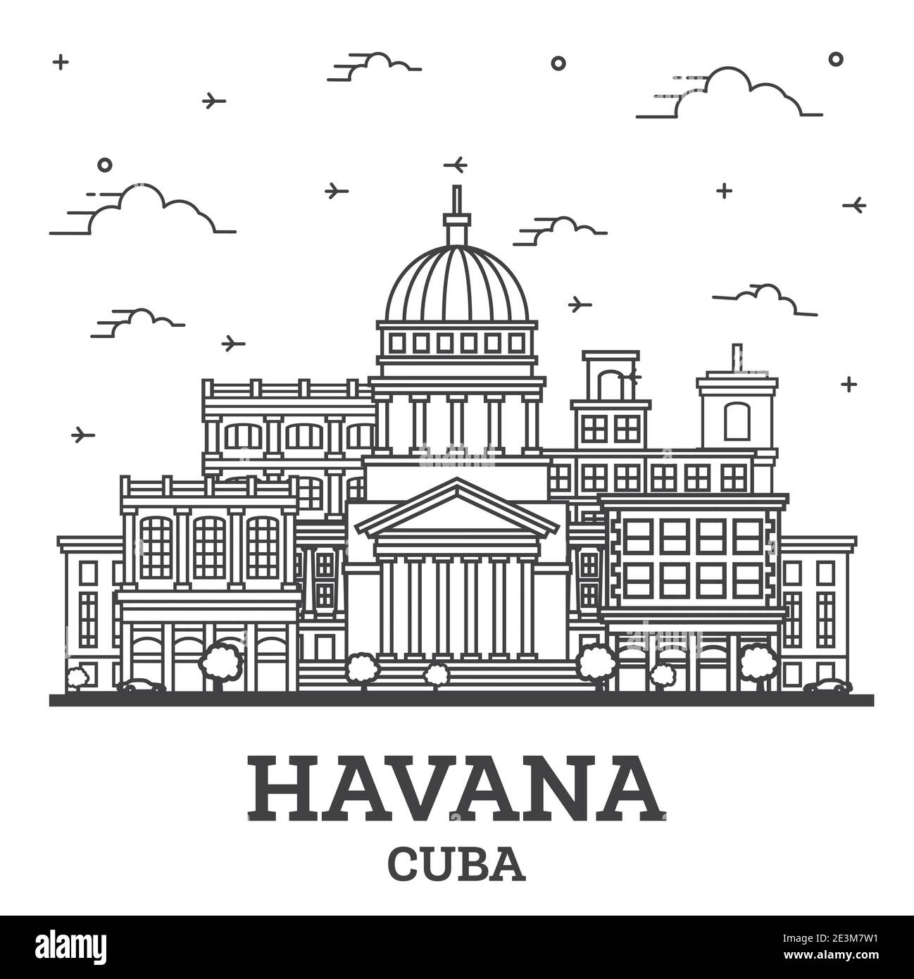 Outline Havana Cuba City Skyline with Historic Buildings Isolated on White. Vector Illustration. Havana Cityscape with Landmarks. Stock Vector