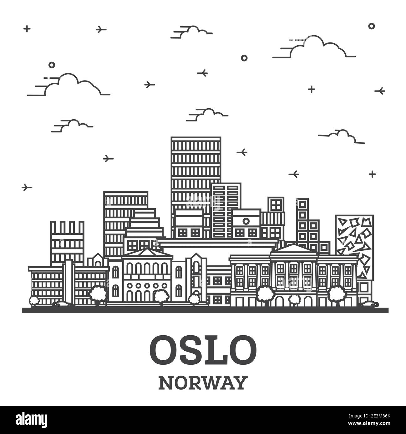 Outline Oslo Norway City Skyline with Modern Buildings Isolated on White. Vector Illustration. Oslo Cityscape with Landmarks. Stock Vector
