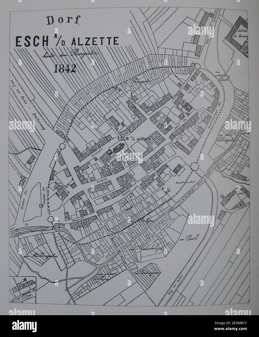 Map Esch-sur-Alzette 1842. Stock Photo