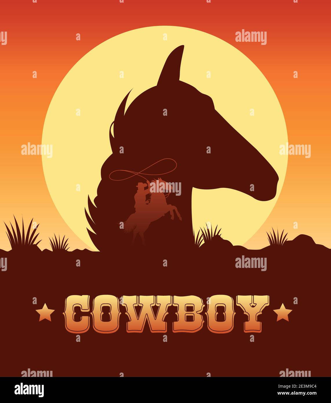 cowboy lettering in wild west scene with cowboy lassoing and head horse ...