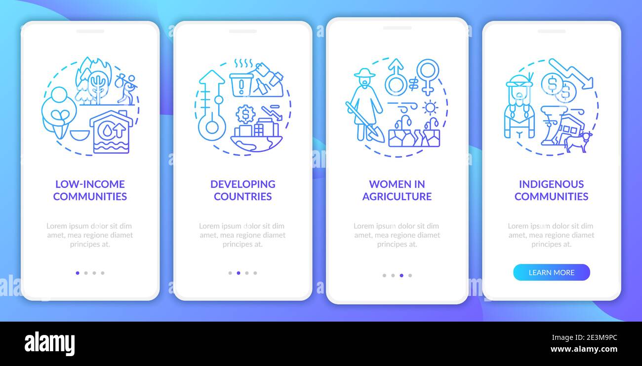 Climate poverty risk groups onboarding mobile app page screen with concepts Stock Vector