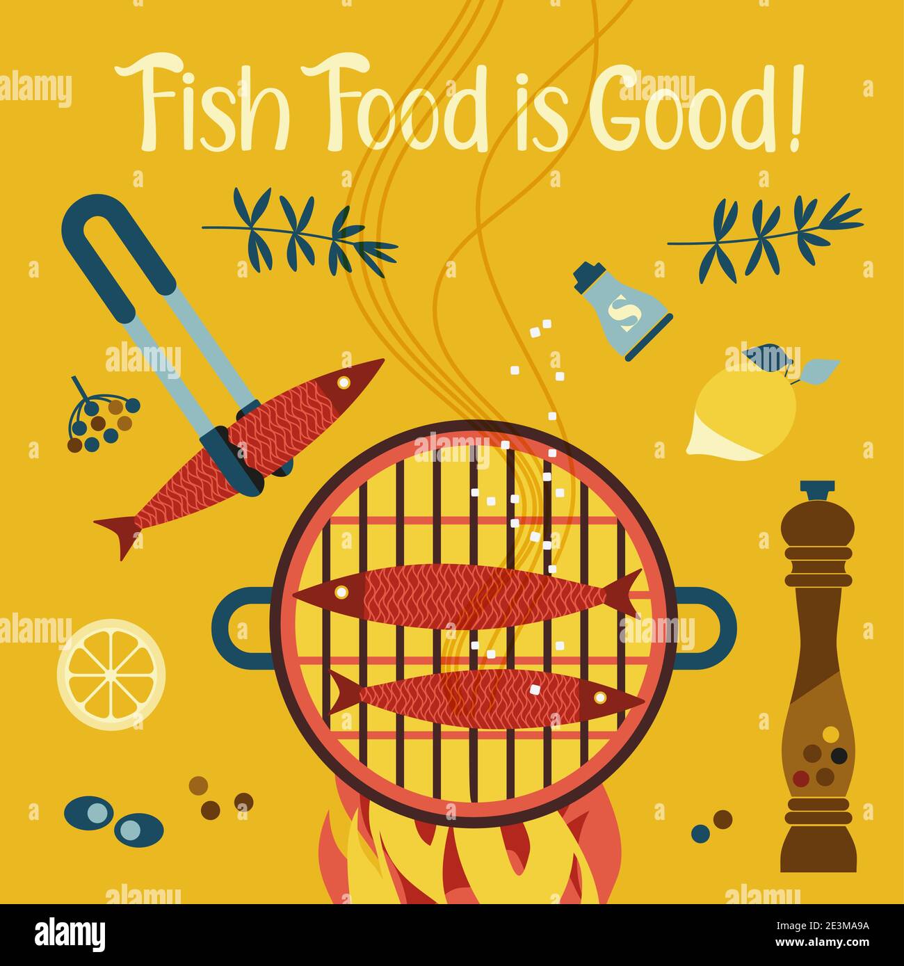 BBQ seafood cooking flat color vector poster Stock Vector