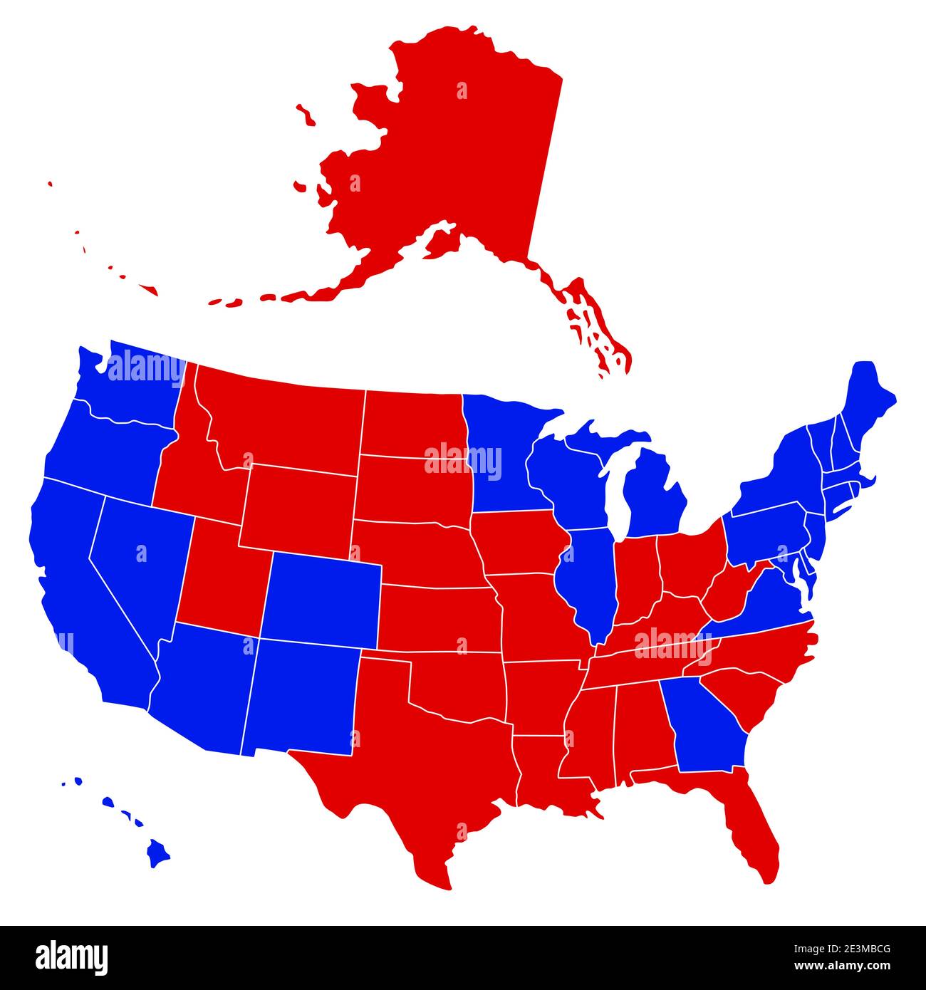 Presidential election 2020 final results on map of USA.  Source of map: http://www.lib.utexas.edu/maps/united states/n.america.jpg Stock Vector