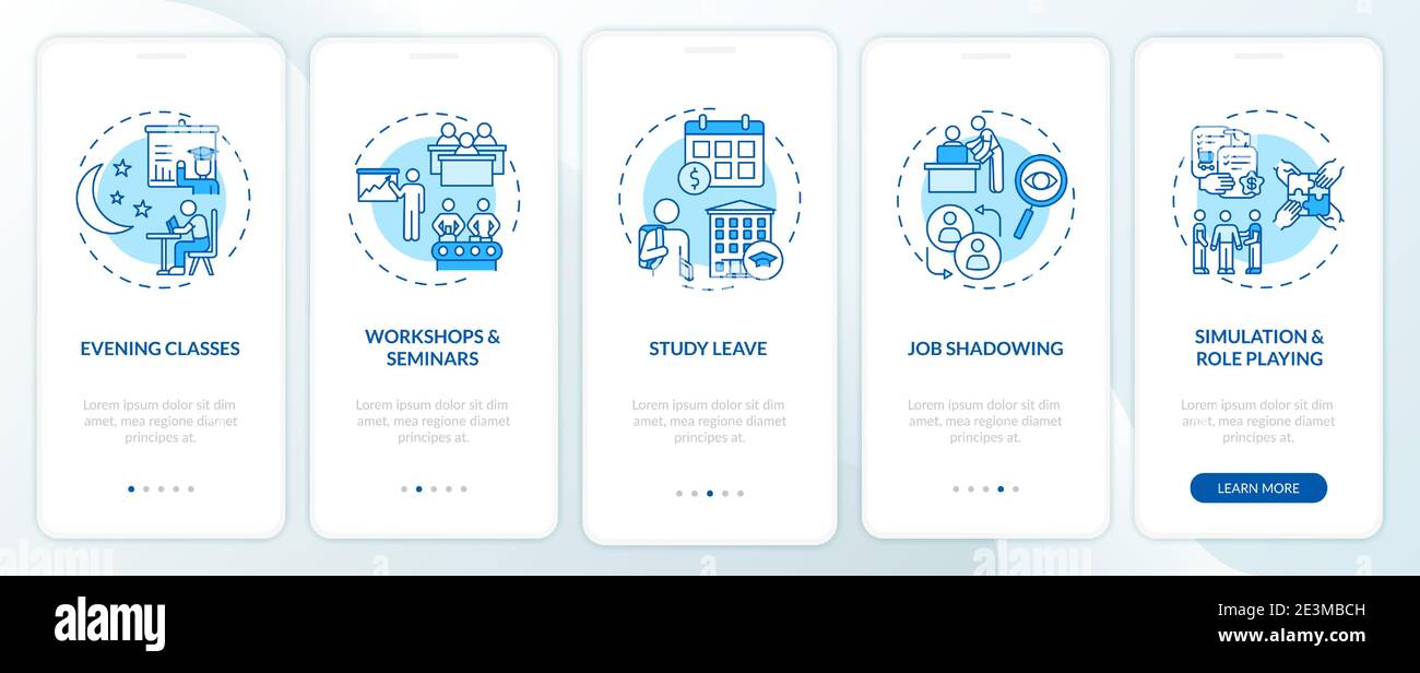 Staff development types onboarding mobile app page screen with concepts