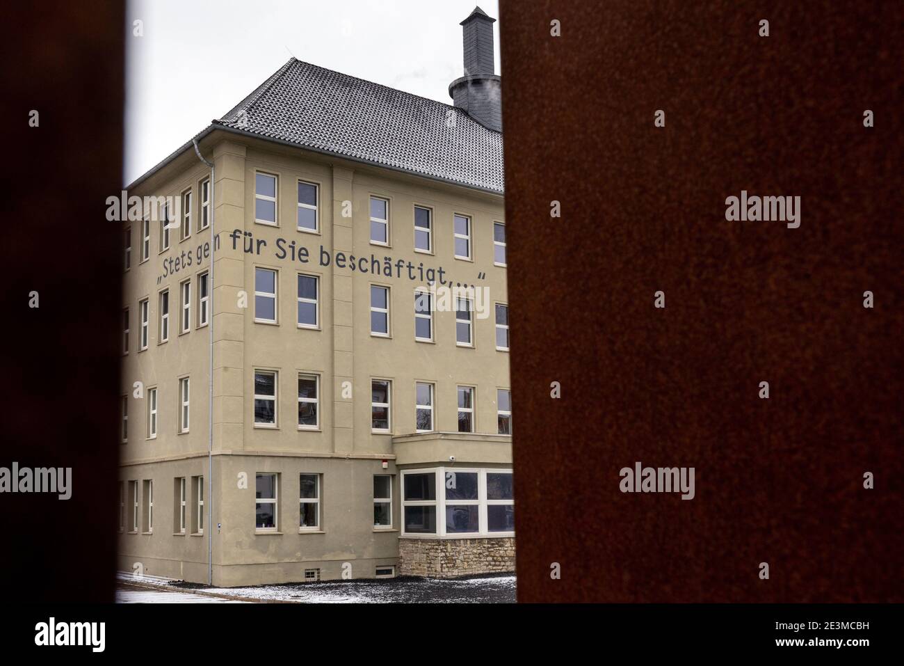 Erfurt, Germany. 15th Jan, 2021. "Always happy to be busy for you" is  written on the former administration building of the Topf & Sons company,  which is now a place of remembrance.