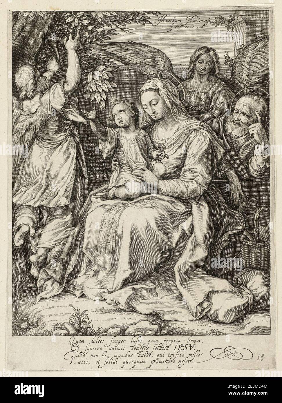 Maria en Jozef met kind en twee engelen die kersen plukken Stock Photo ...