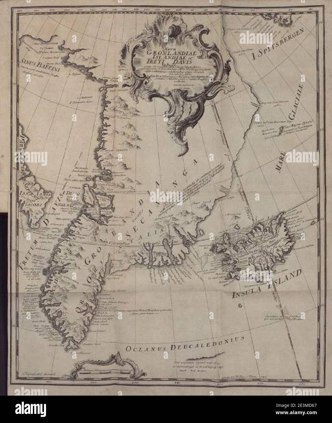 Map of Greenland and Iceland from 1746 book by Johann Anderson. Stock Photo