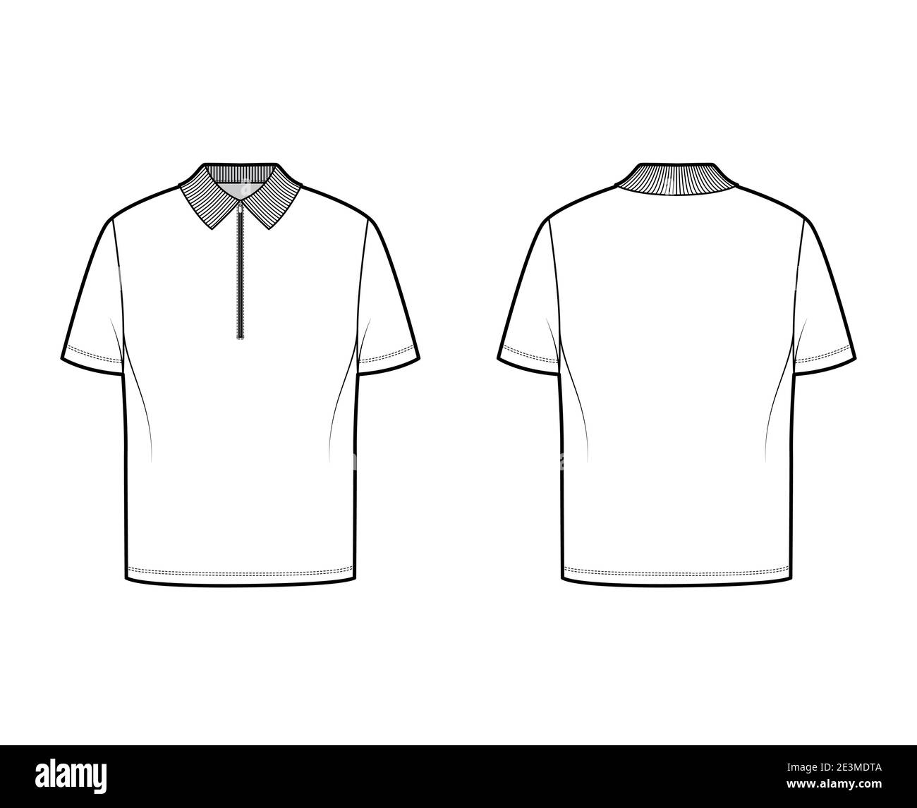 Shirt zip polo technical fashion illustration with short sleeves, tunic length, henley neck, oversized, flat knit collar. Apparel top outwear template front, back, white color. Women men CAD mockup Stock Vector