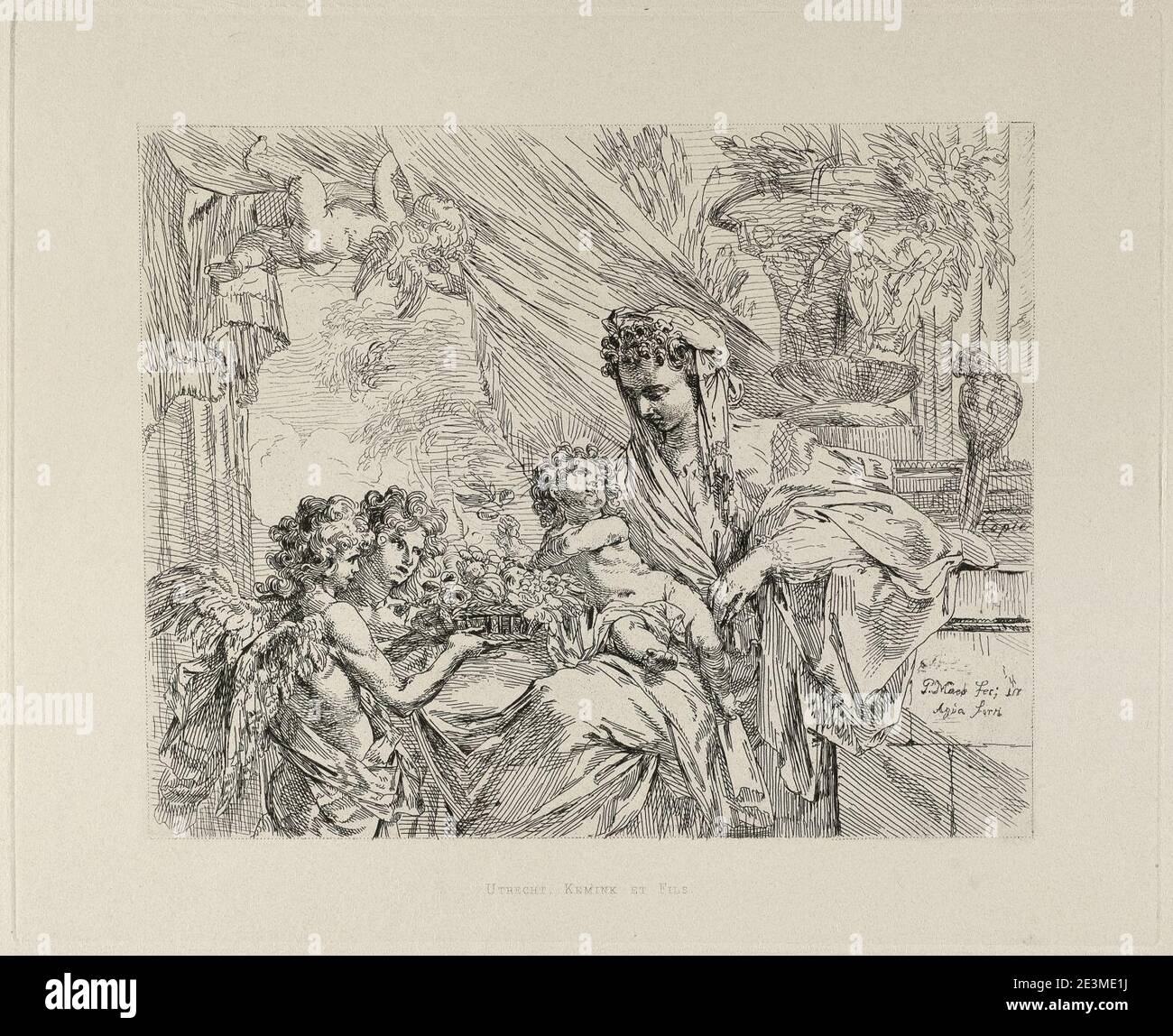 Maria met kind op schoot en twee engelen met bloemmandjes Stock Photo ...