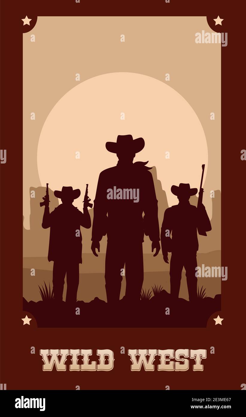 wild west lettering in poster with cowboys and guns vector illustration ...