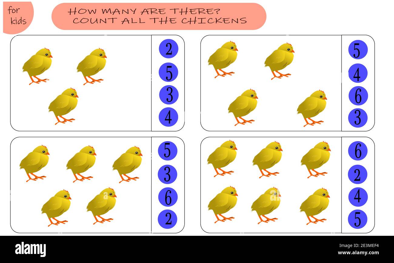 Math game for kids count the animals. Chickens, choose the right answer