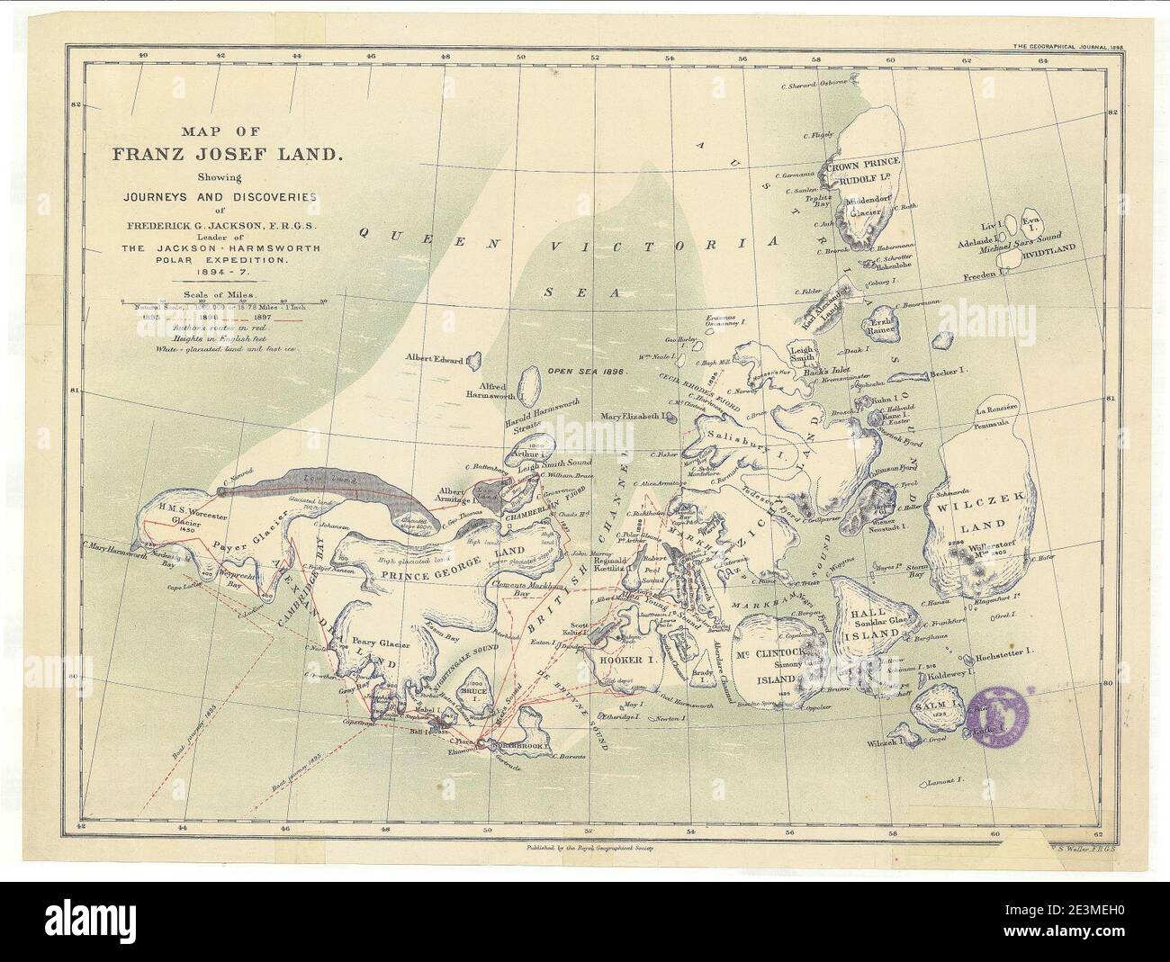 Map of Franz Josef Land showing journeys and discoveries of Frederick G
