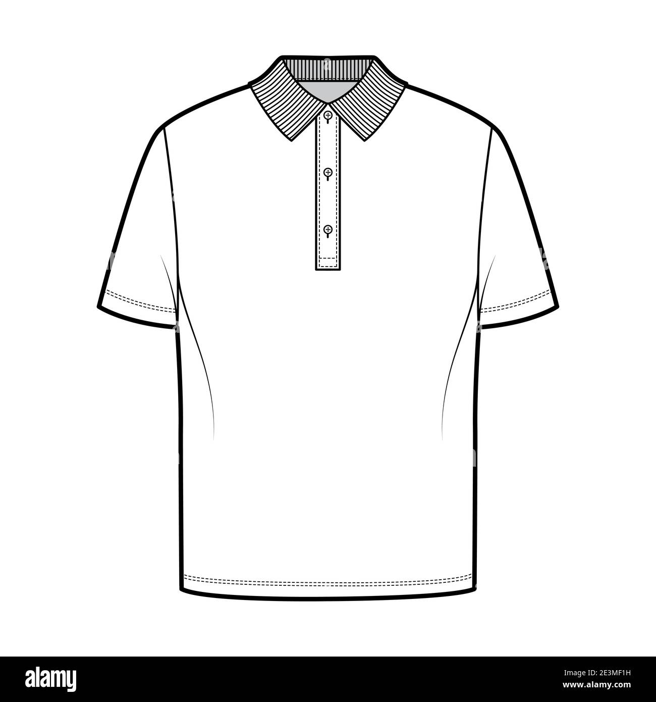 Shirt polo technical fashion illustration with short sleeves, tunic length, henley neck, oversized, flat knit collar. Apparel top outwear template front, white color. Women men unisex CAD mockup Stock Vector