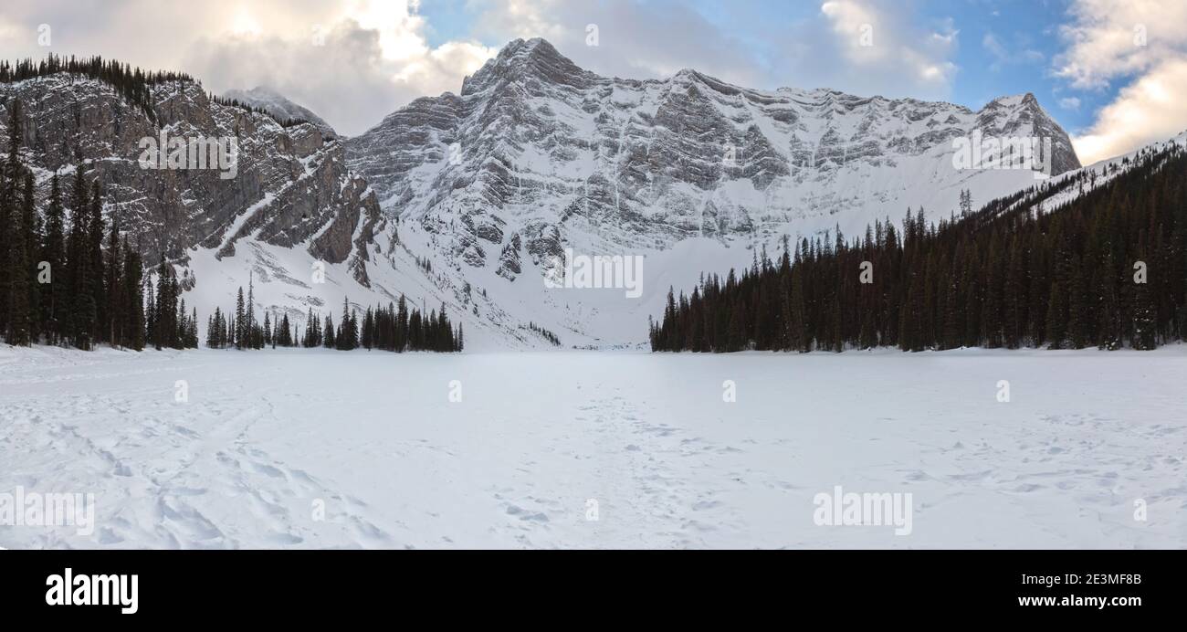 Snow Covered Frozen Rawson Lake Canadian Rockies Mountain Peak Skyline