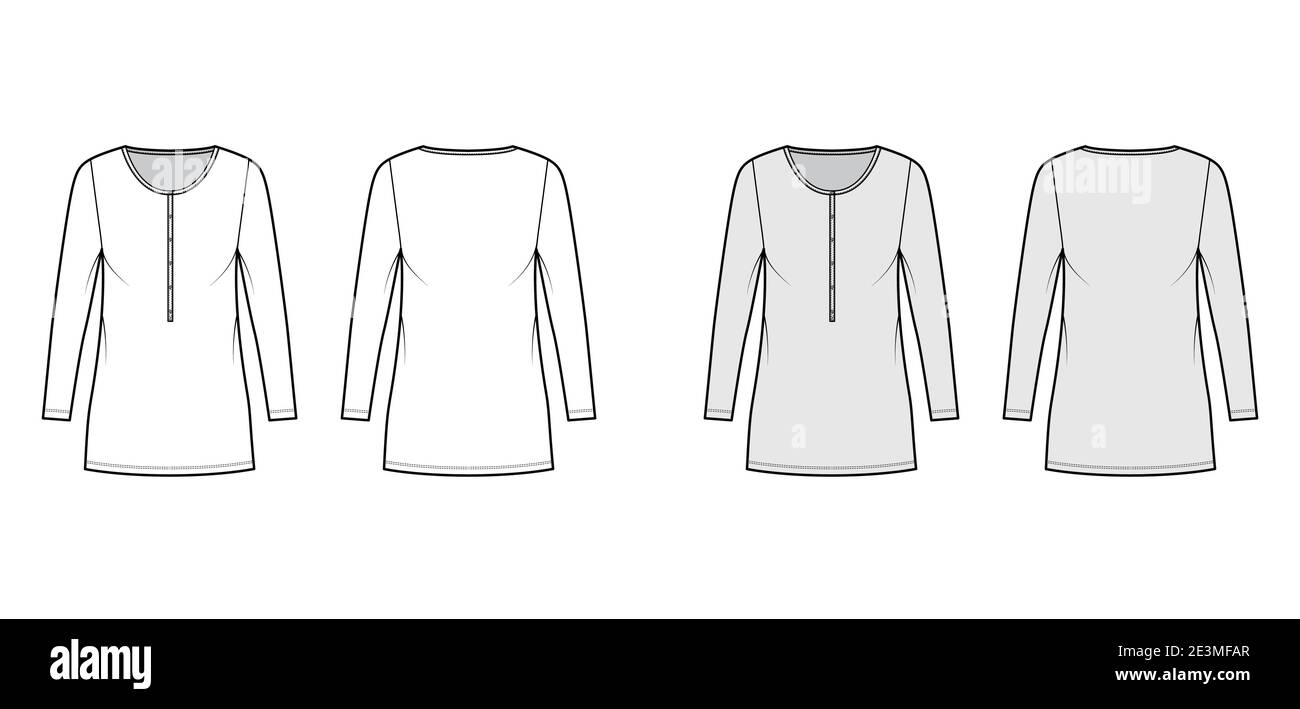 Shirt dress mini technical fashion illustration with henley neck, long sleeves, oversized, Pencil fullness, stretch jersey. Flat apparel template front, back, white, grey color. Women, men CAD mockup Stock Vector
