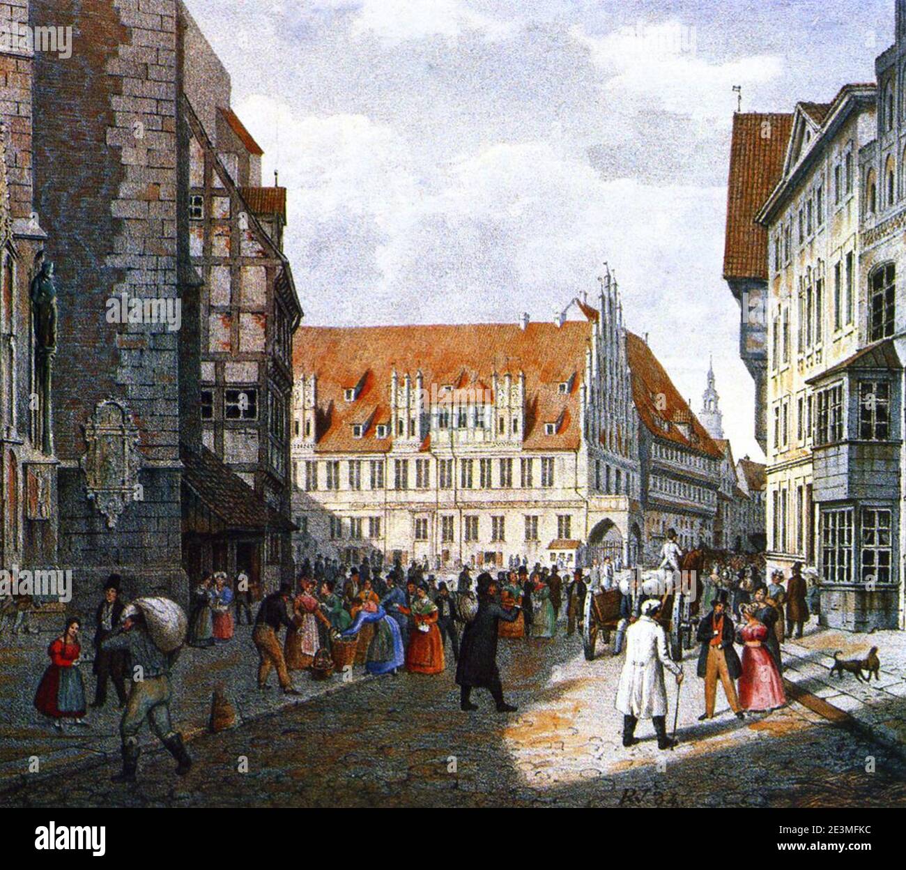 Marktplatz Hannover. Seitlich beschnittene farbige Lithographie von Rudolph Wiegmann 1834. Stock Photo