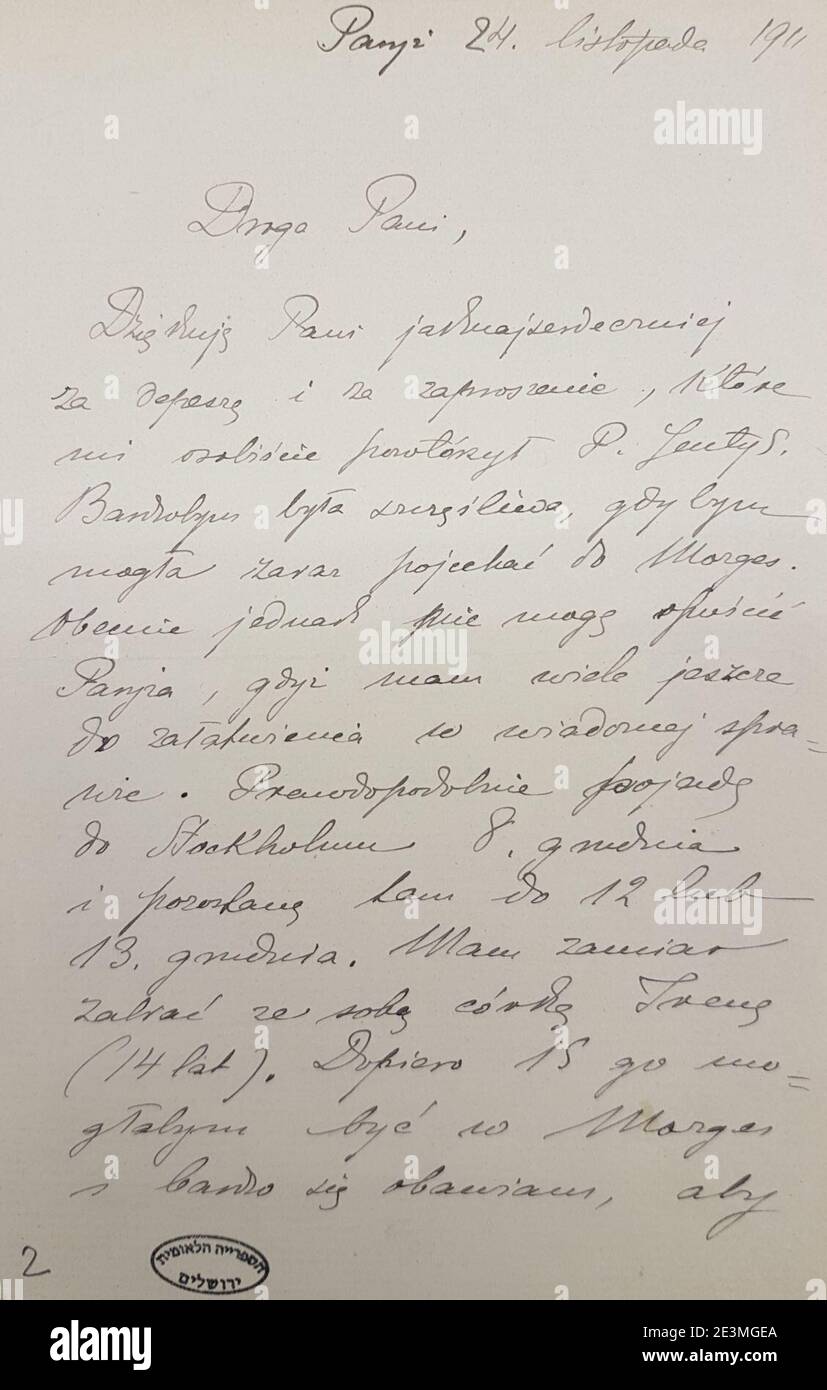 Maria Sklodowska-Curie letter page 1. Stock Photo