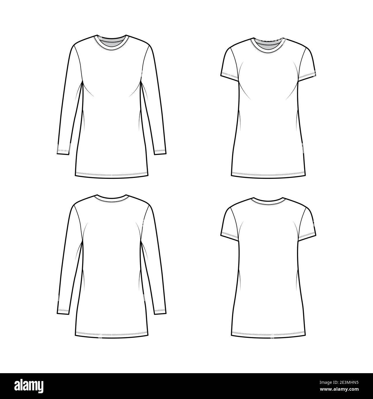 Set of T-shirt mini dresses technical fashion illustration with crew neck, long and short sleeves, oversized, Pencil fullness. Flat apparel template front, back, white color. Women, men CAD mockup Stock Vector