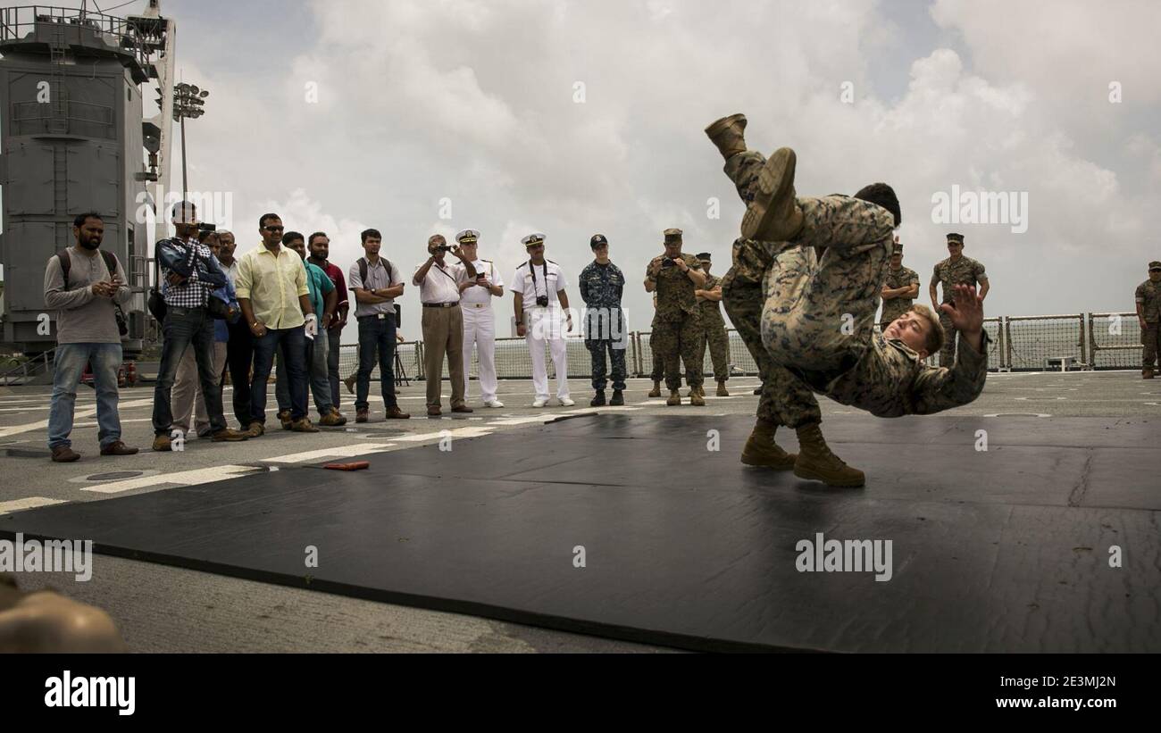 Marines assigned to the 15th Marine Expeditionary Unit (15th MEU) demonstrate take-down techniques to local media during a Marine Corps Martial Arts Program aboard the amphibious dock landing ship USS Pearl Harbor (LSD 52). Stock Photo