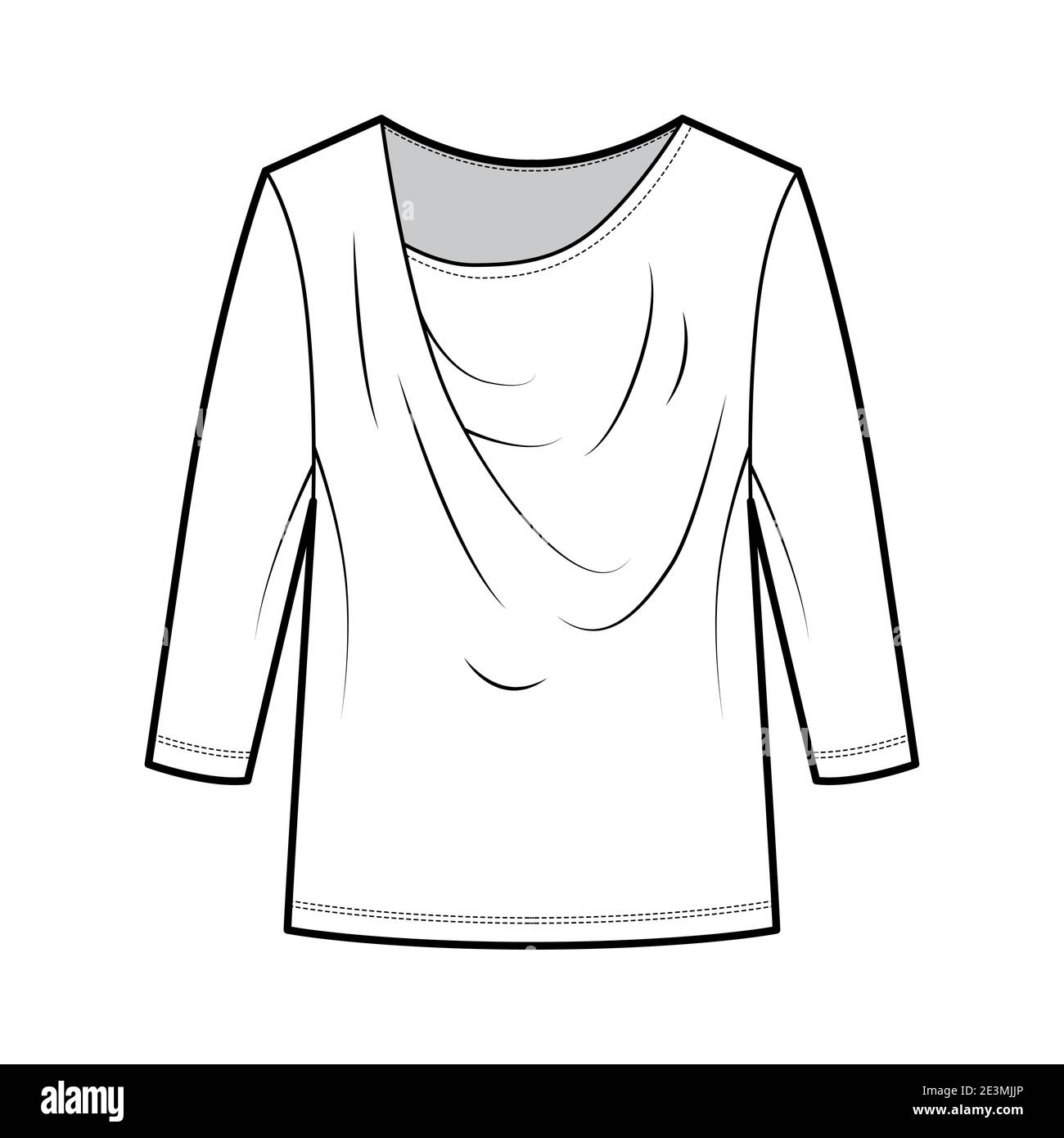 T-Shirt draped technical fashion illustration with long sleeves, tunic length, oversized. Apparel blouse top outwear template front, white color. Women men unisex CAD mockup Stock Vector