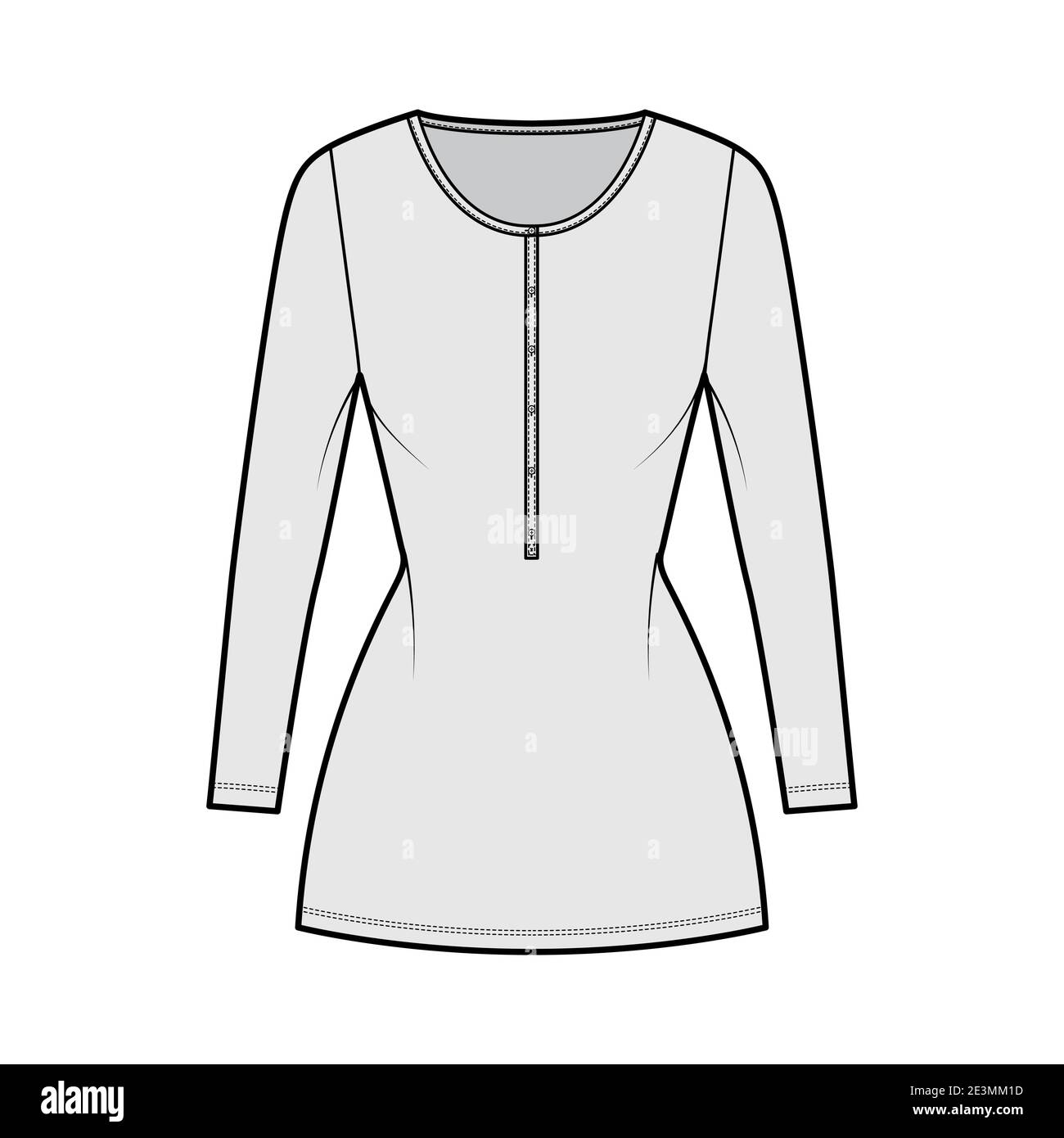 Shirt dress mini technical fashion illustration with henley neck, long sleeves, fitted body, Pencil fullness, stretch jersey. Flat apparel template front, grey color. Women, men, unisex CAD mockup Stock Vector