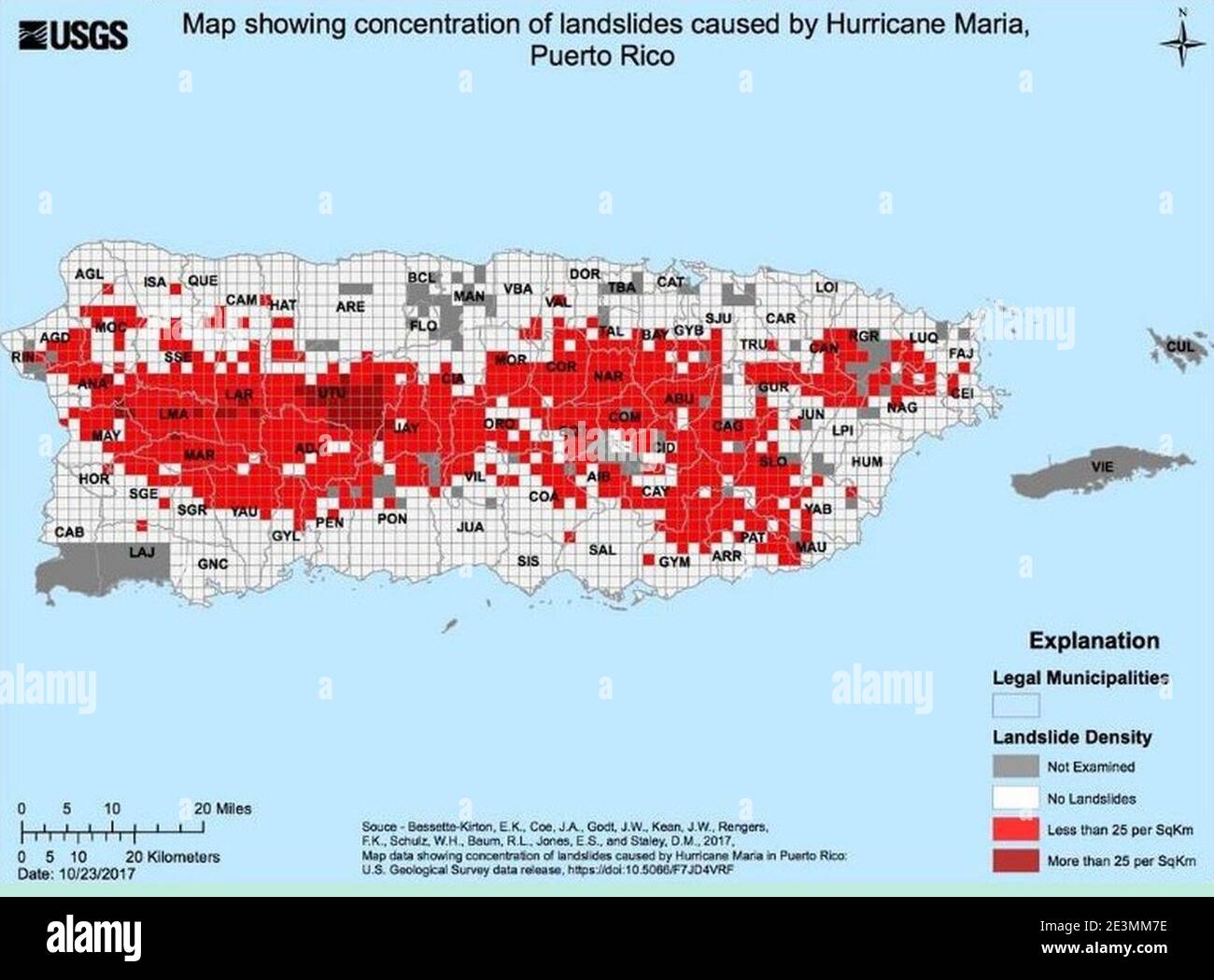 Map of landslides in Puerto Rico - Hurricane Maria 2017. Stock Photo