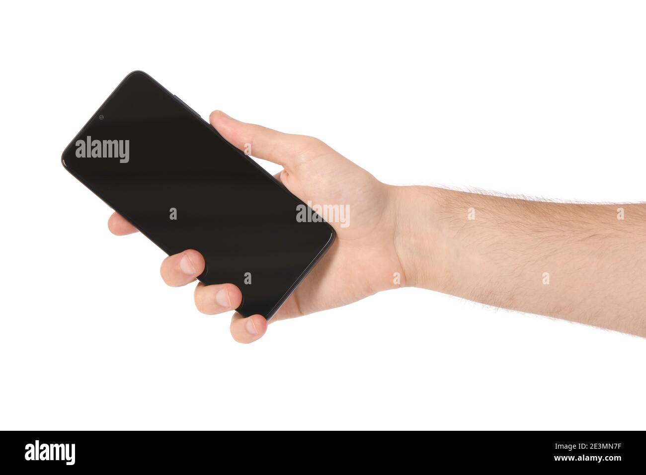 Man hand holding the black smartphone with blank screen. isolated on ...