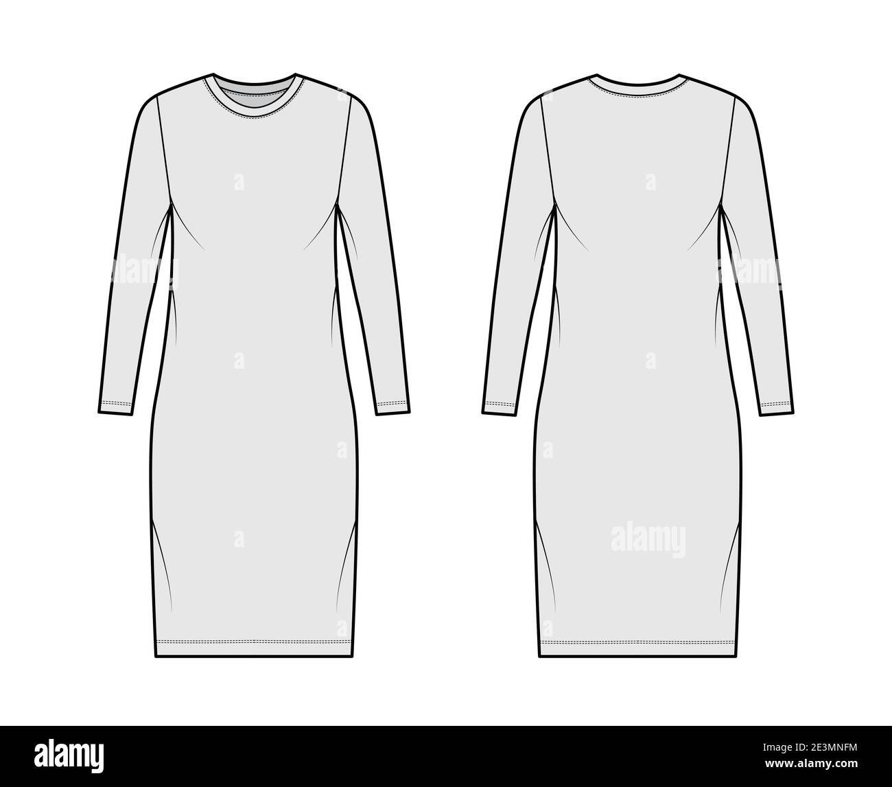 T-shirt dress technical fashion illustration with crew neck, long sleeves, knee length, oversized, Pencil fullness. Flat apparel template front, back, grey color. Women, men, unisex CAD mockup Stock Vector