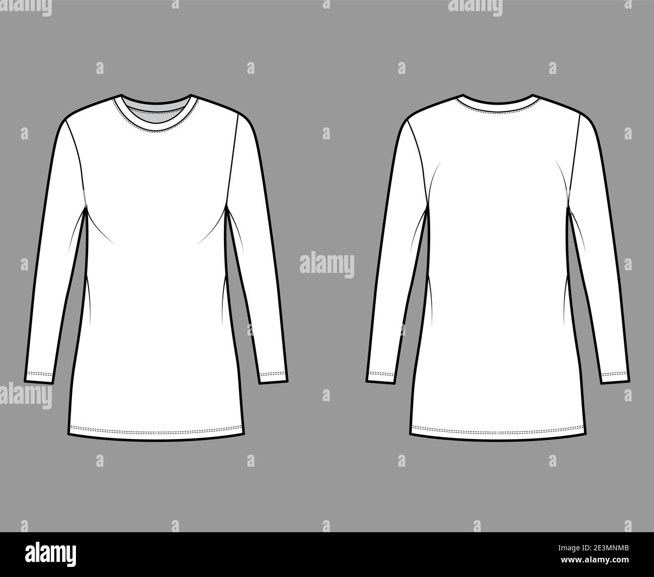 T-shirt dress technical fashion illustration with crew neck, long sleeves, mini length, oversized, Pencil fullness. Flat apparel template front, back, white color. Women, men, unisex CAD mockup Stock Vector