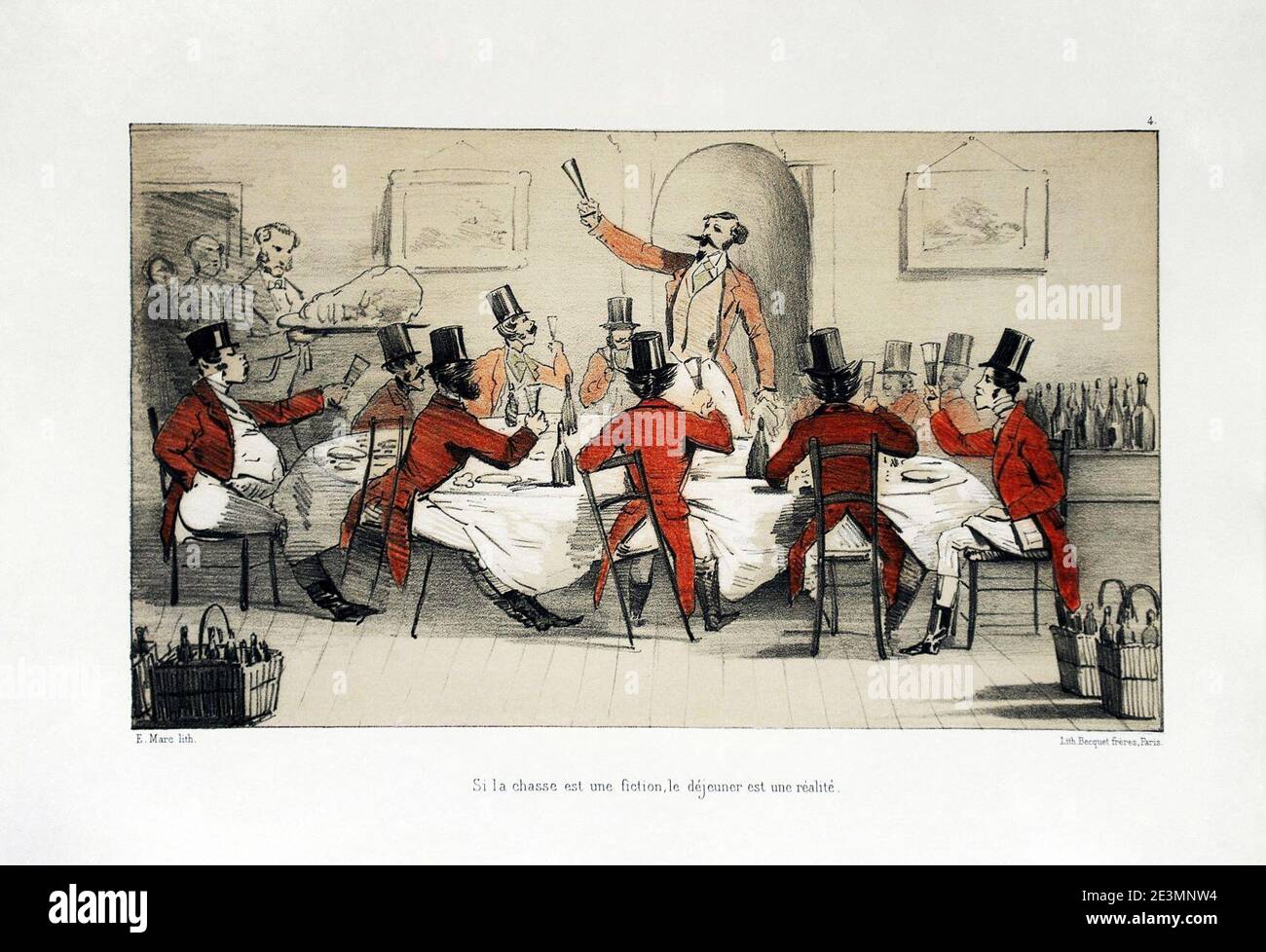 MARC Pierre-Eugène (1819-1885), ''Si la chasse est une fiction, le déjeuner est une réalité'', Croquis de chasse le drag de Pau. Planche 4, 1er éd. Becquet Frères, Paris, 1860. Stock Photo