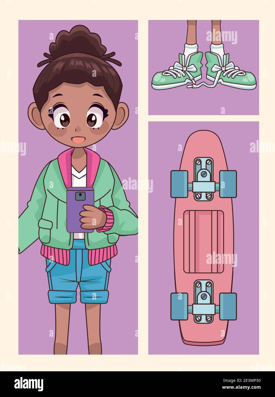 afro teenager girl with skateboard anime character vector