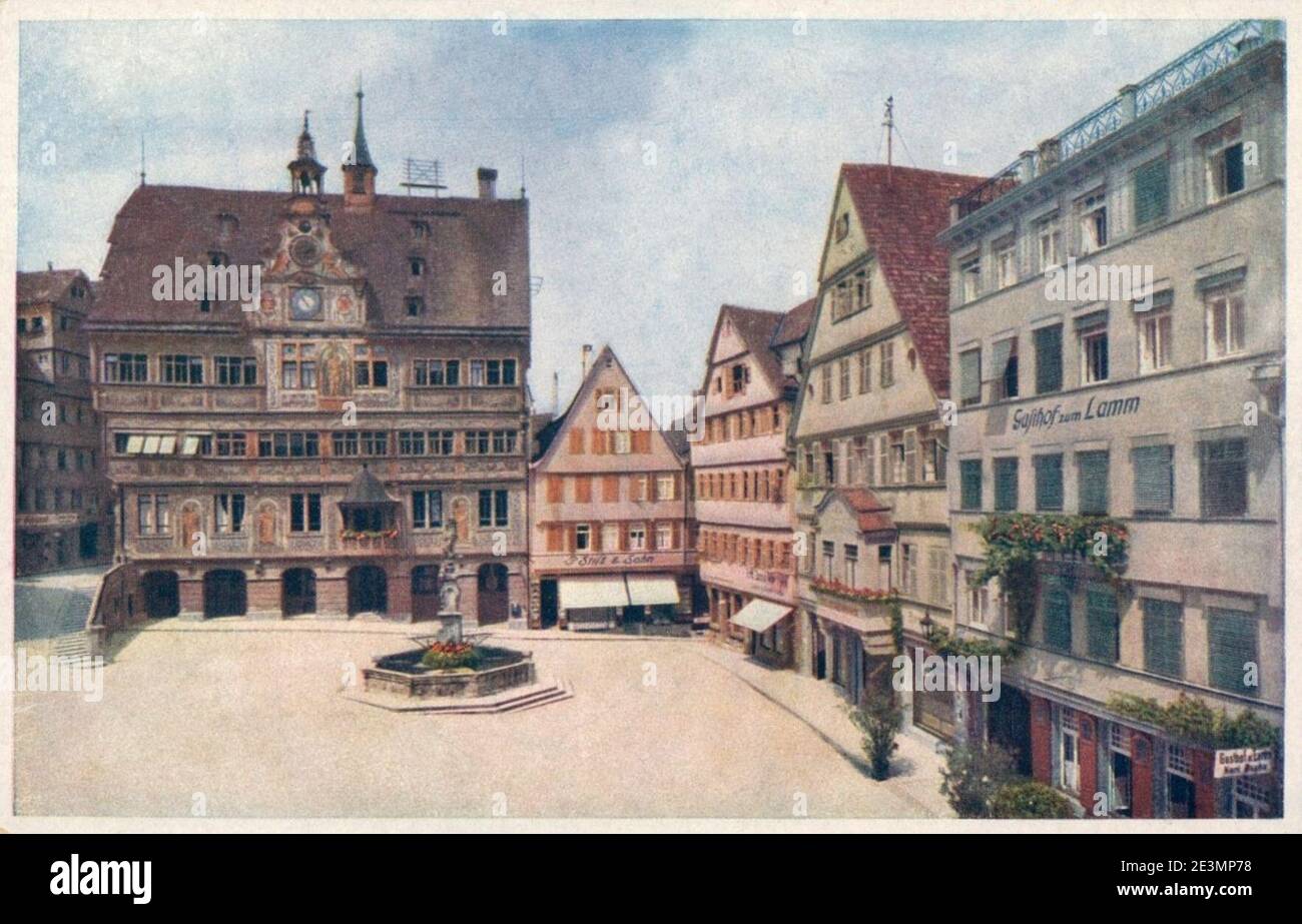 Marktplatz Tübingen mit Rathaus u Hotel Lamm (AK 9125 H Sting 1919). Stock Photo