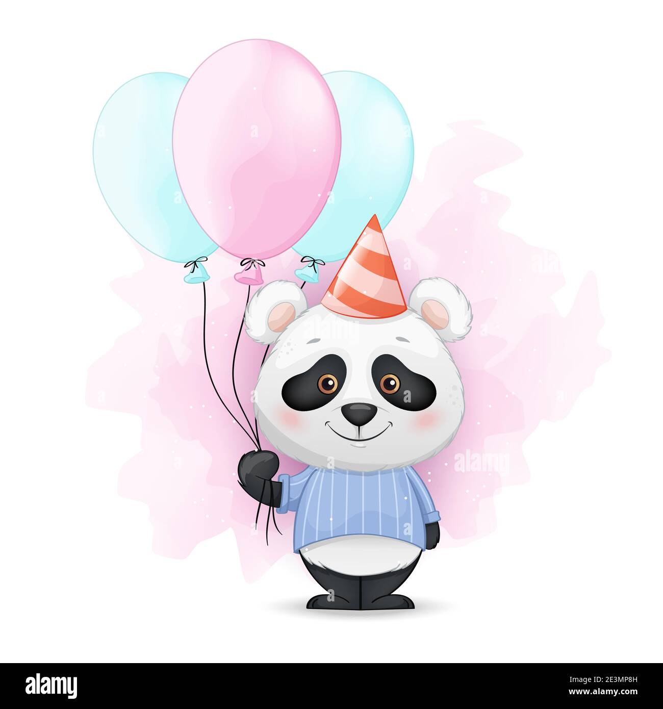 Stock vector. Cute little panda holding balloons. Funny panda cartoon