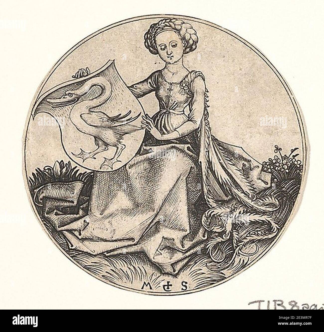 Martin Schongauer - Wappenschild mit Schwan, von einer Jungfrau gehalten (L 97). Stock Photo