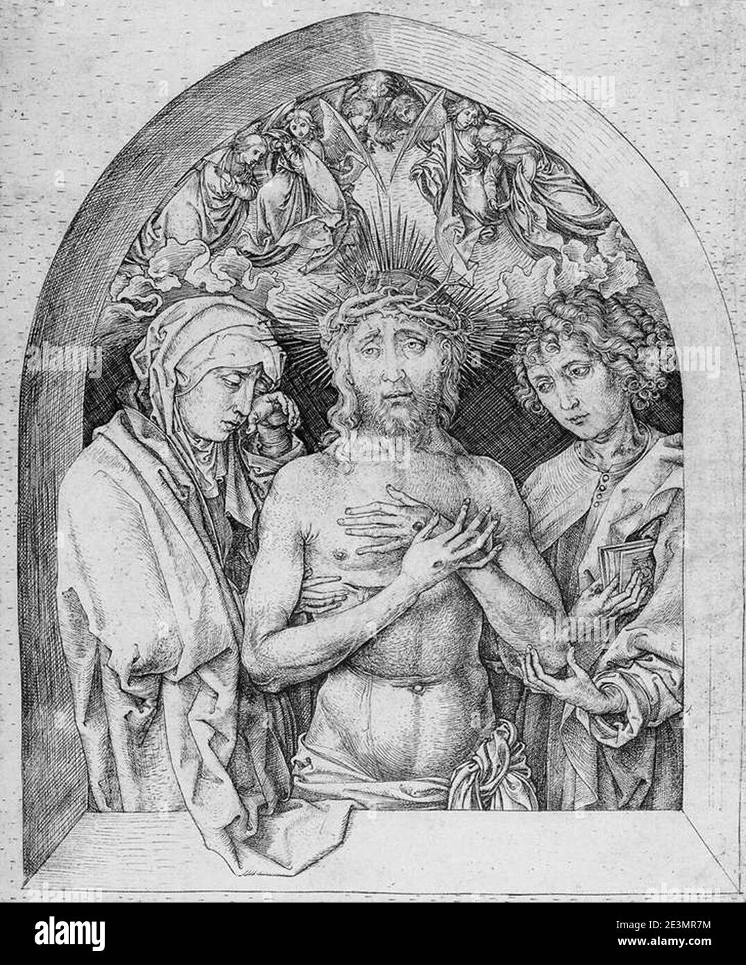 Martin Schongauer - The Man of Sorrows with the Virgin Mary and St John the Evangelist Stock Photo