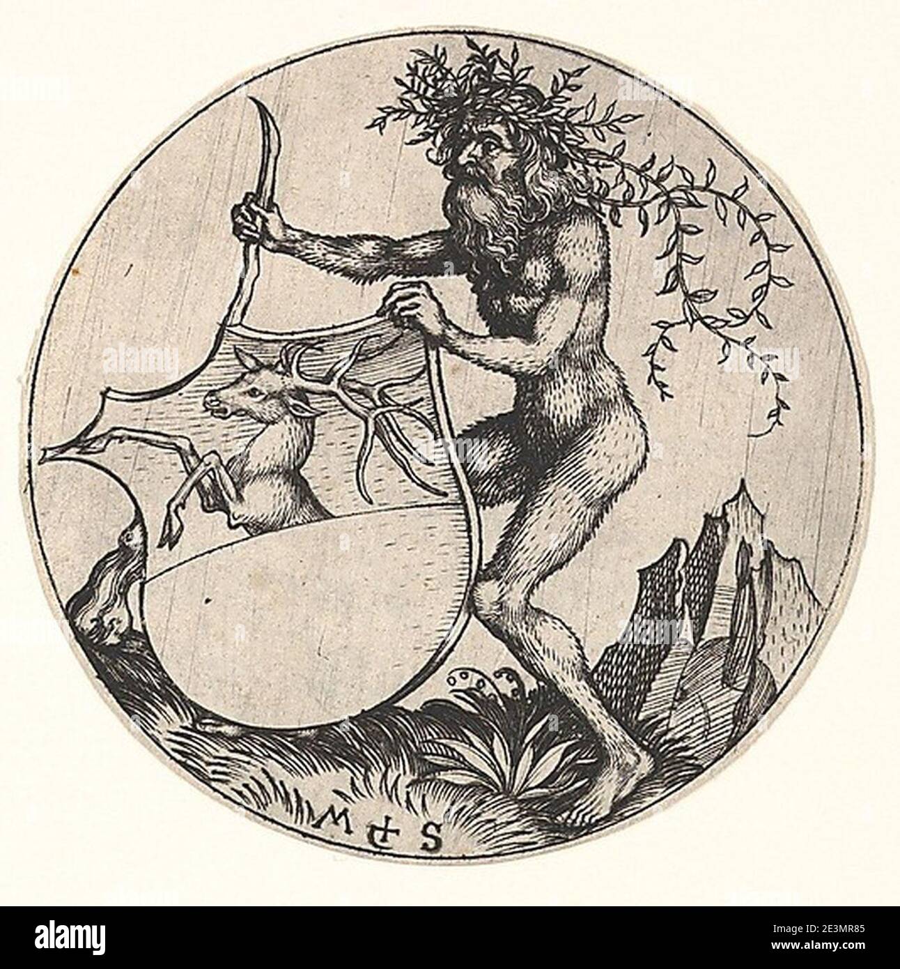 Martin Schongauer - Wappenschild mit Hirsch, von einem wilden Mann gehalten (L 103). Stock Photo