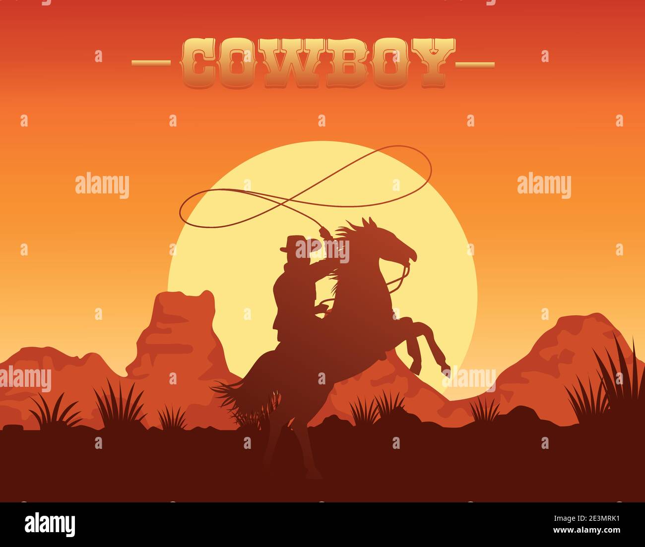 cowboy lettering in wild west scene with cowboy lassoing in horse ...