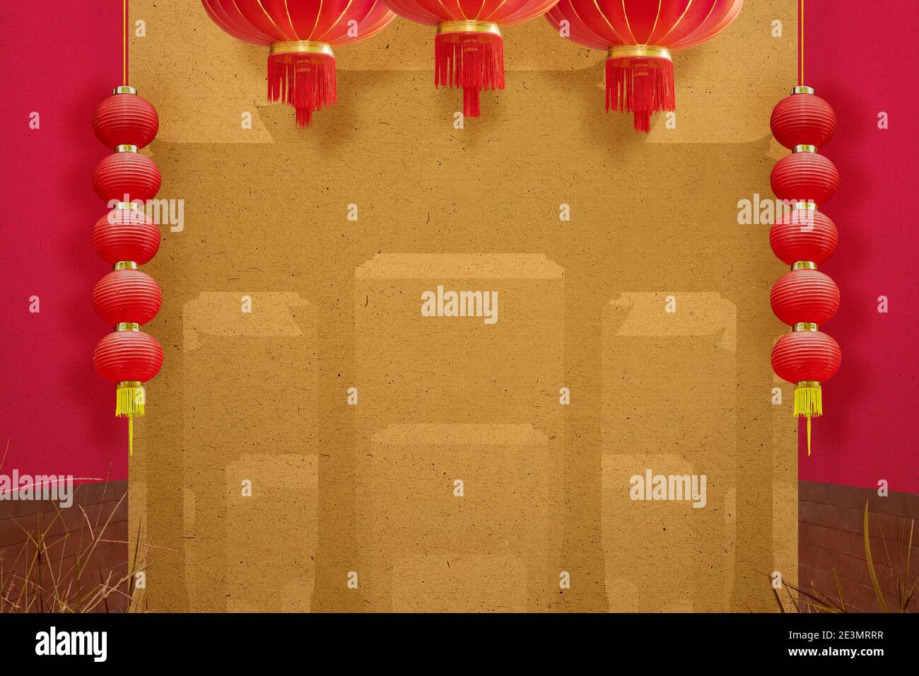 Chinese lanterns hanging with red and patterned wall background Stock ...