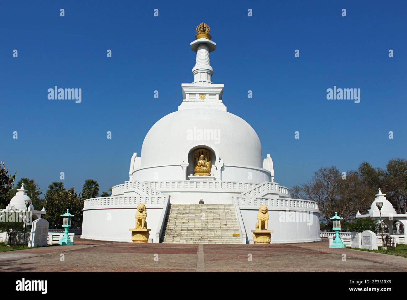Vishwa Shanti Stupa, also called the Peace Pagoda. Stupa comprises four golden statues of Lord Buddha with each representing his life periods of birth Stock Photo