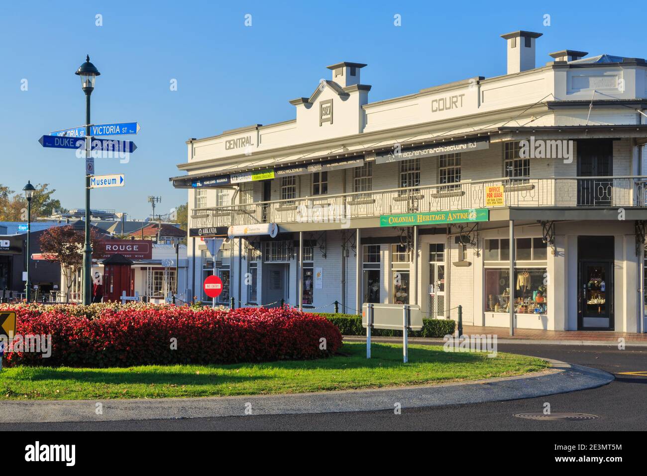 The historic Central Court building (1927) in Cambridge, New Zealand. Formerly a hotel, it has been converted into shops Stock Photo