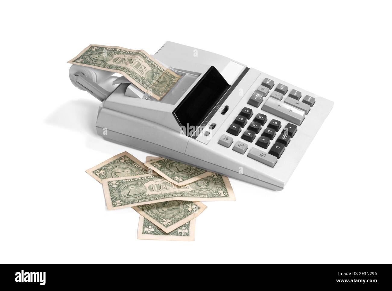 Old fashioned calculator dollars, isolated on white Stock Photo