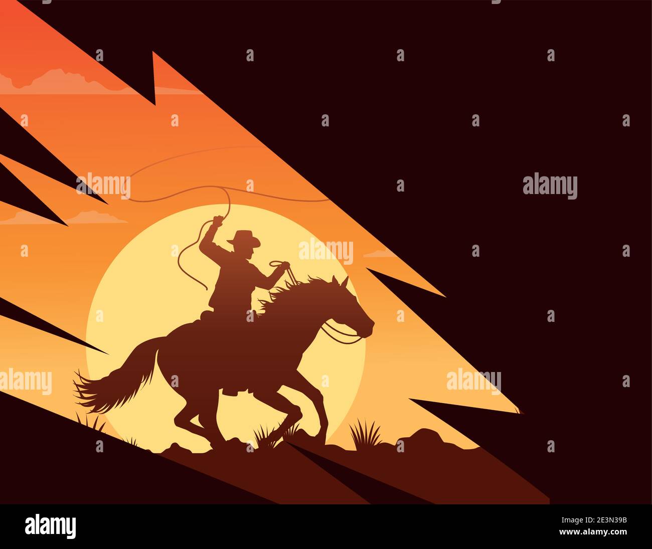 wild west sunset scene with cowboy in horse lassoing vector ...