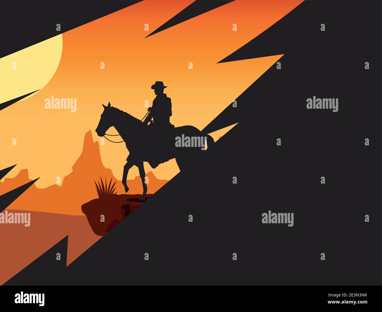 wild west sunset scene with horse and cowboy vector illustration design ...