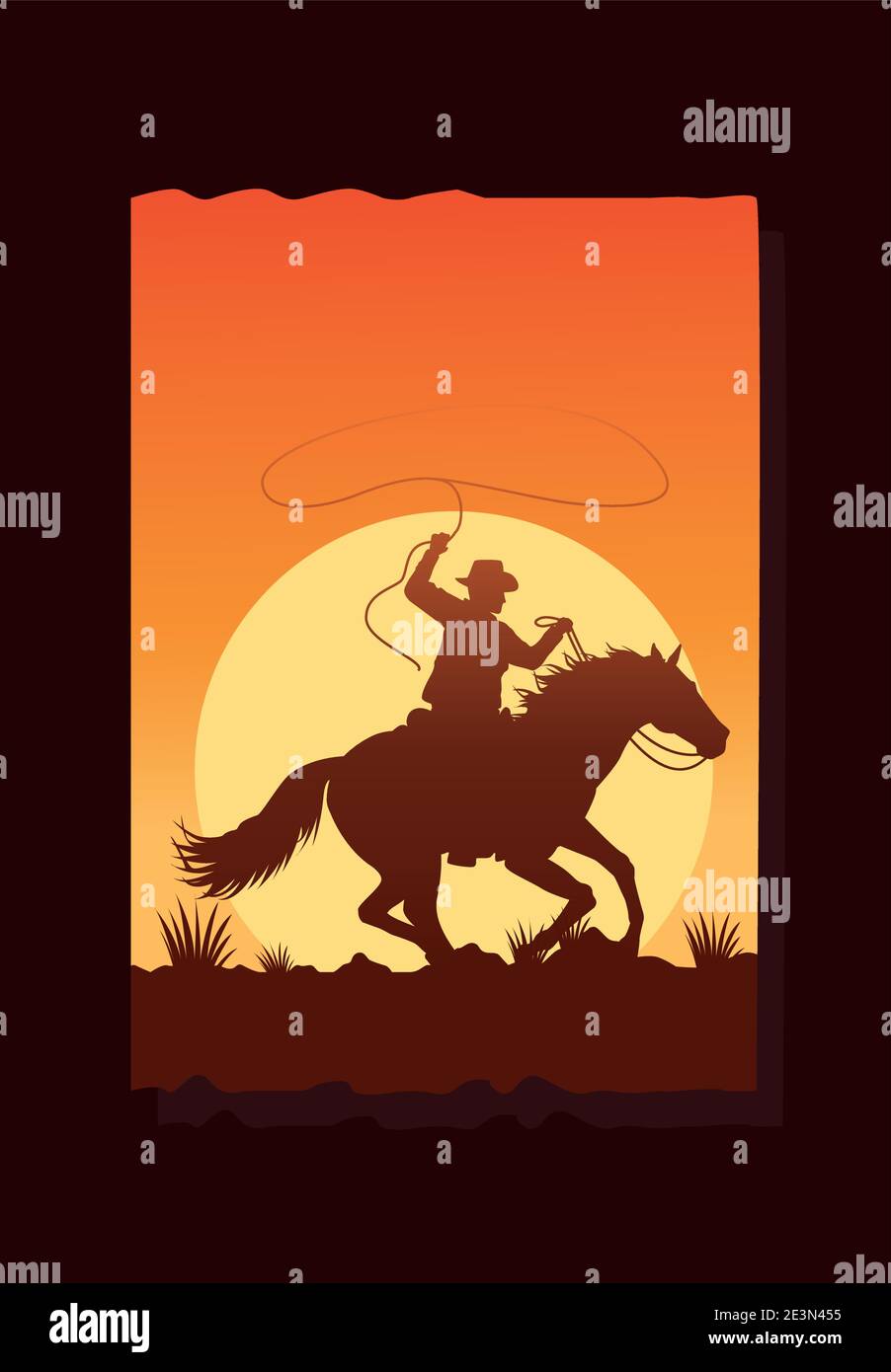 wild west desertic sunset scene with cowboy in horse vector ...