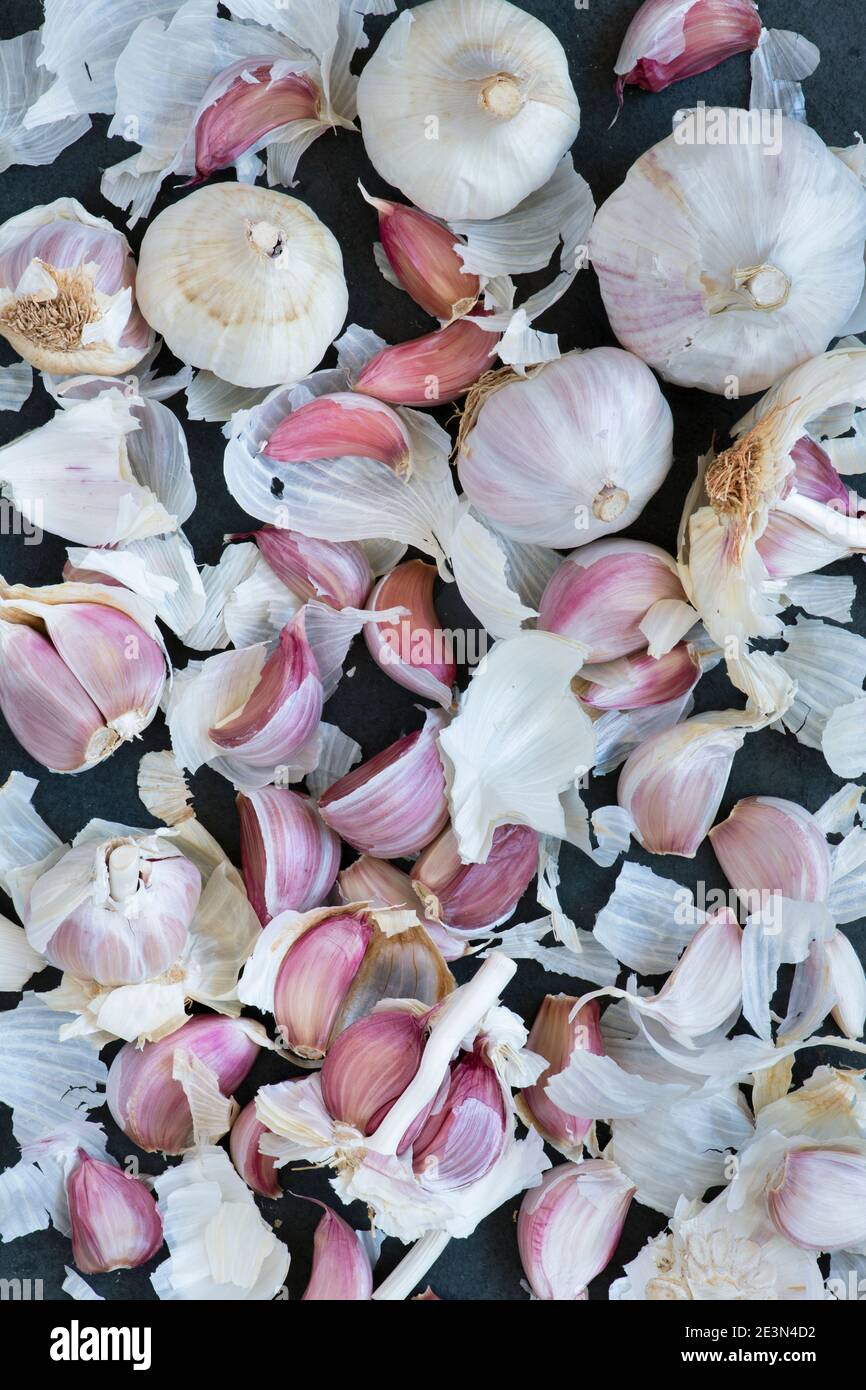Garlic cloves on a slate background Stock Photo