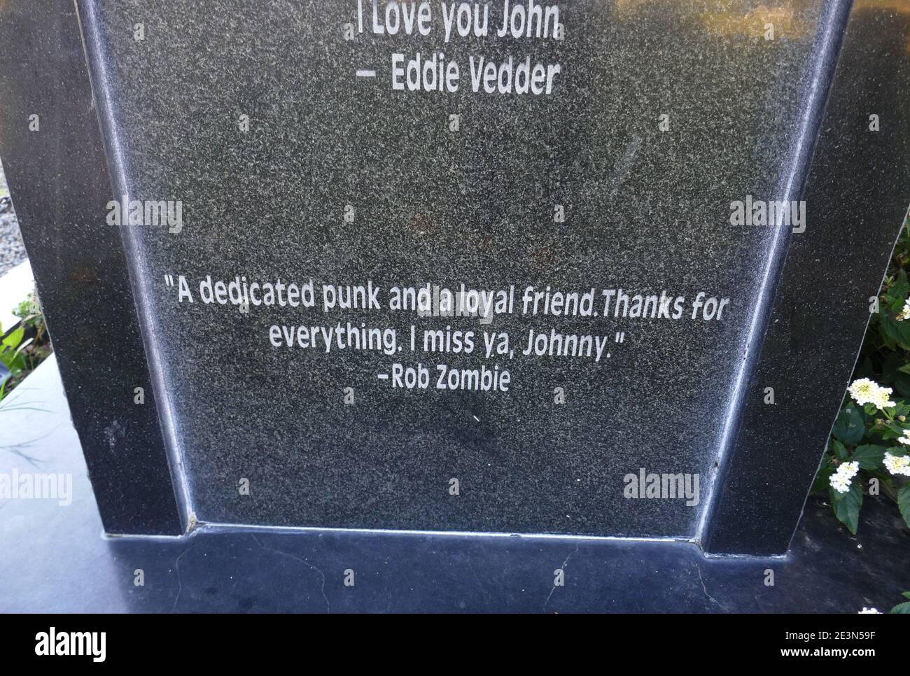Los Angeles, California, USA 17th January 2021 A general view of atmosphere  of musician Johnny Ramone's Grave, Eddie Vedder Quote and Rob Zombie Quote,  in Garden of Legends at Hollywood Forever Cemetery, image size:1300x966