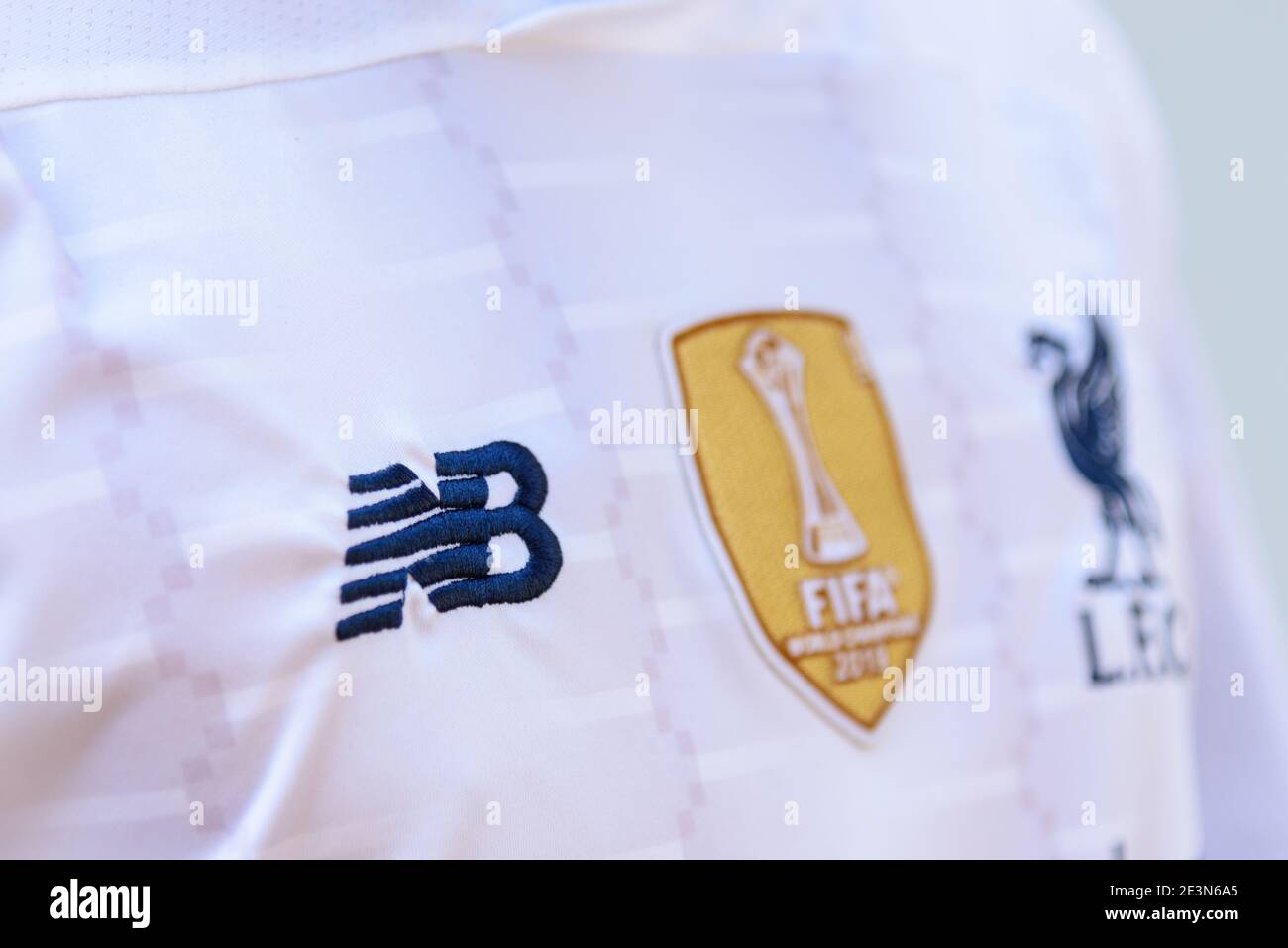 Bangkok,Thailand - 19 Decemmber, 2020: new balance logo on Liverpool white shirt aways kits on 2019-2020 Stock Photo